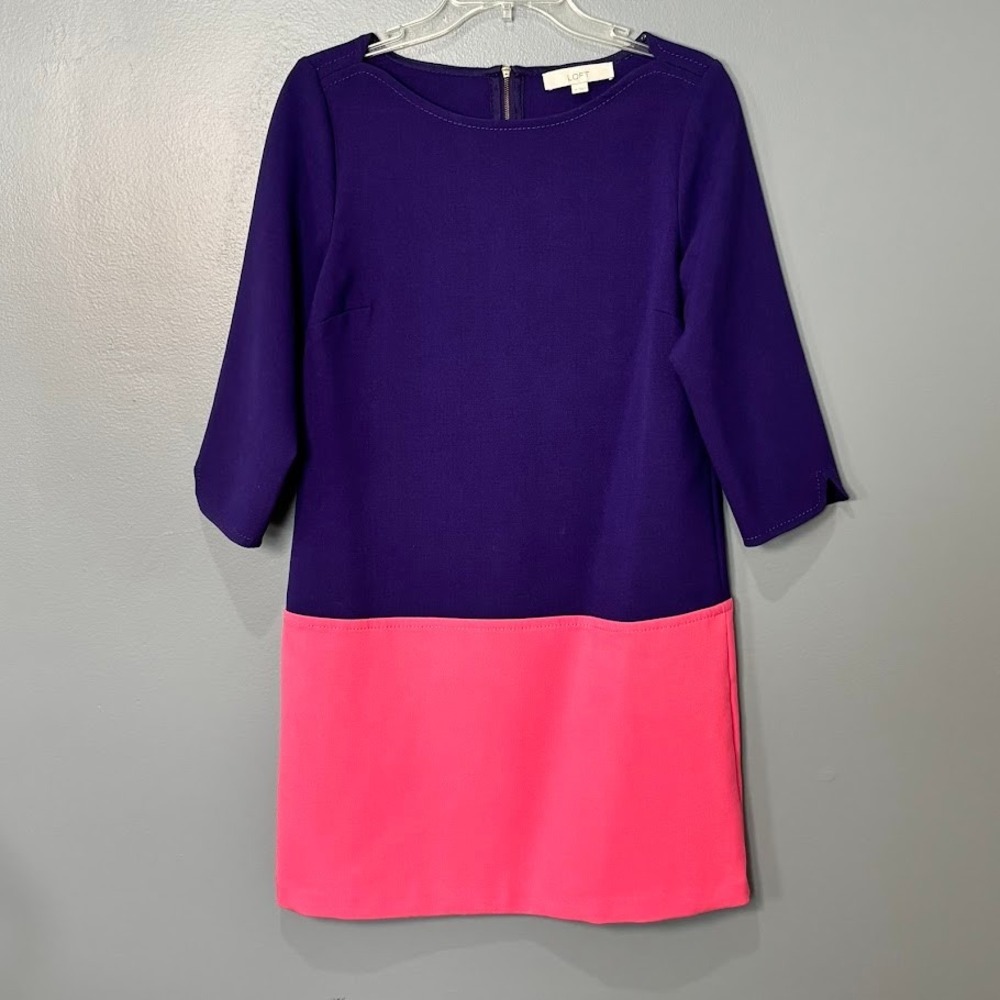 LOFT Dress Womens 6 Purple Pink Colorblock Crepe Shift 3/4 Sleeve Mini Chic Mod